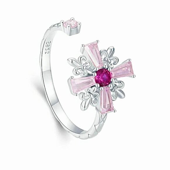 NWT S925 Sterling Silver Pink CZ Cross Fleur-De-Lis Design Open Adjustable Ring - Picture 6 of 12